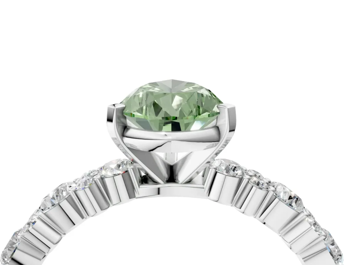Fancy Green Pear Cut Diamond Side Stone Solitaire Ring with Round and Four-Prong Setting Platinum