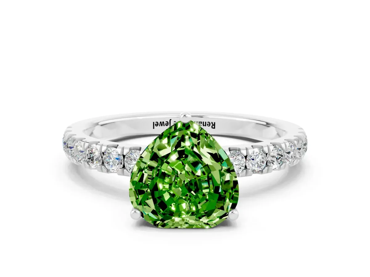 Heart Cut Peridot Pave Band Solitaire Ring with Round and Prong Setting Platinum