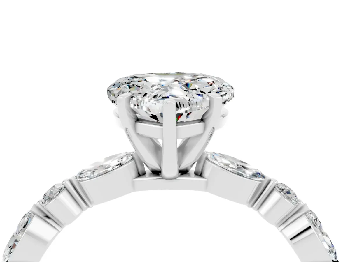 Heart Cut Moissanite Ring with Marquise and Round Side Stones and Four-Prong Setting Silver