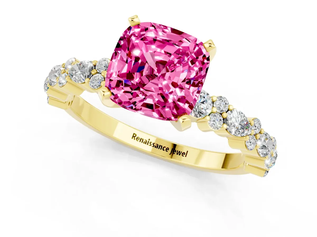 Cushion Cut Pink Sapphire Side Stone Solitaire Ring with Round and Four-Prong Setting Yellow gold