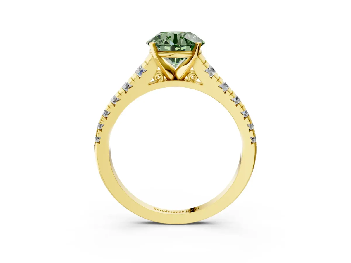 Fancy Green Round Cut Diamond Cathedral Solitaire Ring with Round Pavé Band Yellow gold