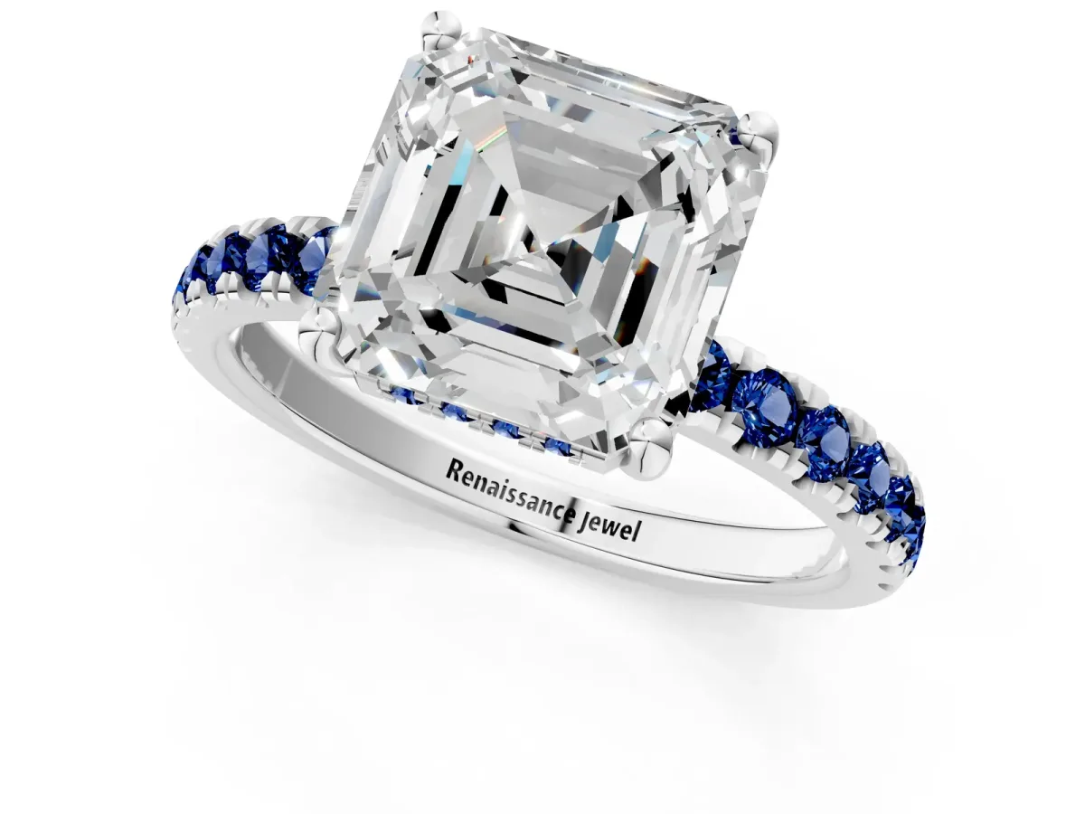 Asscher Cut Diamond Pave Band Solitaire Ring with Round Blue Sapphire and Prong Setting Platinum