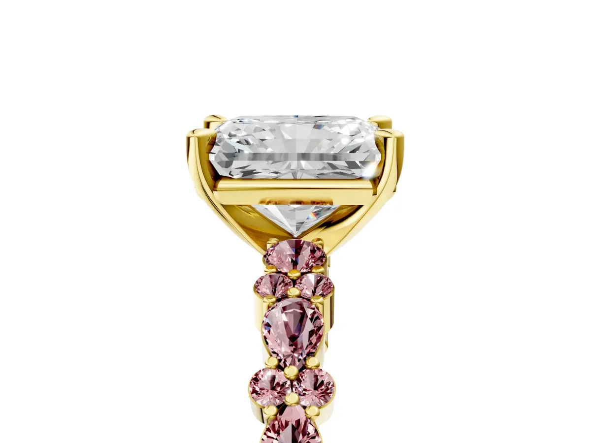 Radiant Cut Diamond Side Stone Solitaire Ring with Round Morganite and Four-Prong Setting Yellow gold
