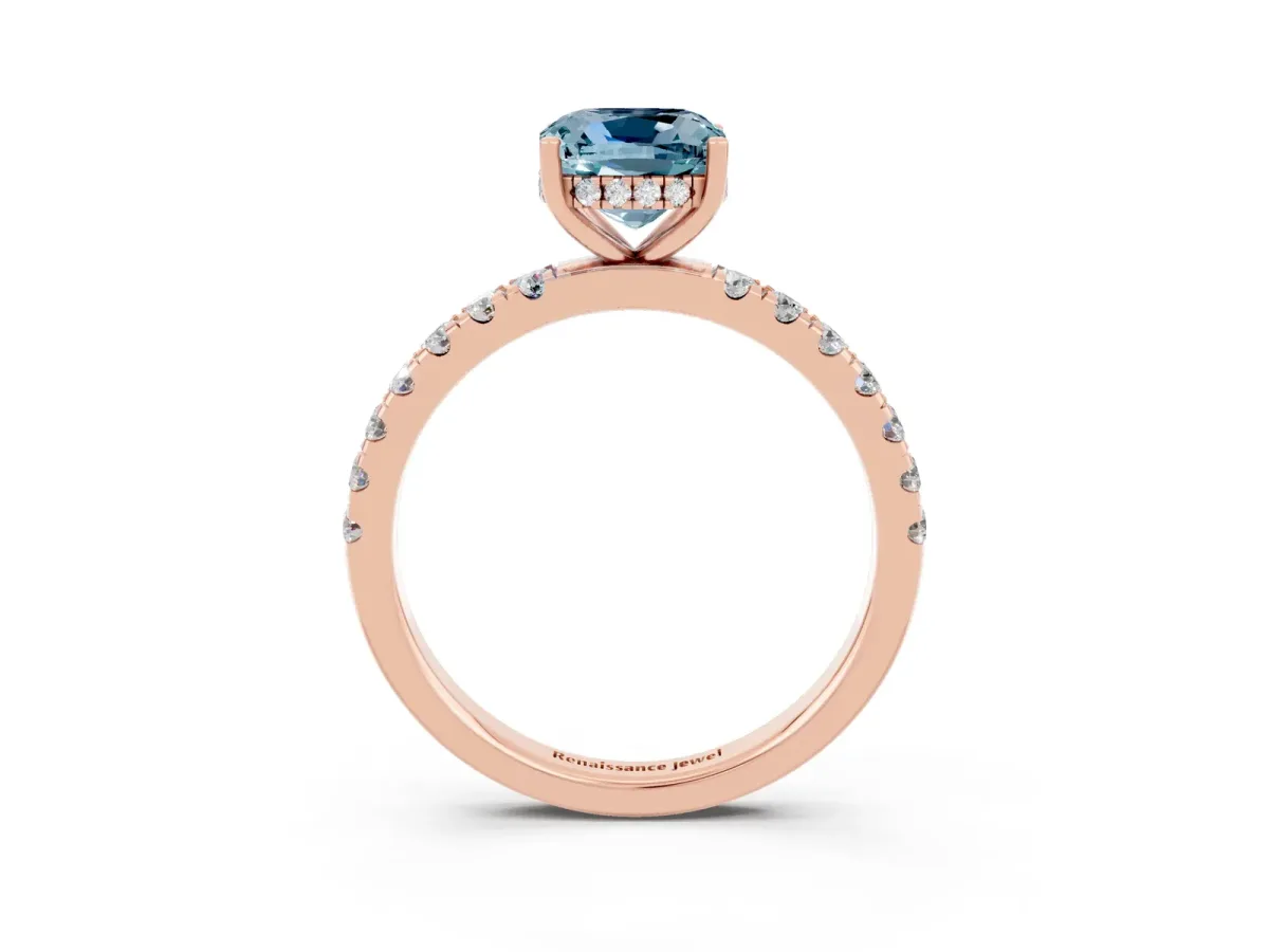 Cushion Cut Aquamarine Pave Band Solitaire Ring with Round and Prong Setting Rose gold