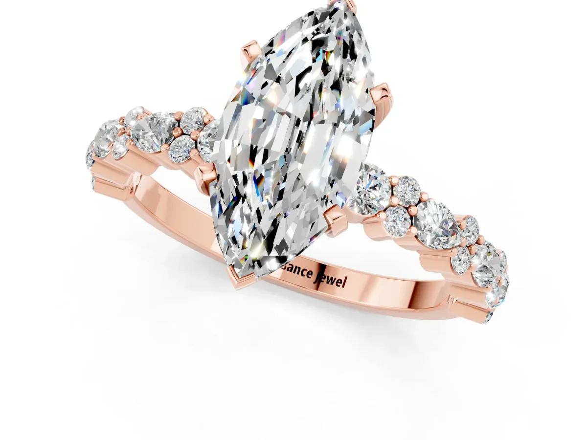 Marquise Cut Moissanite Side Stone Solitaire Ring with Round and Four-Prong Setting Rose gold