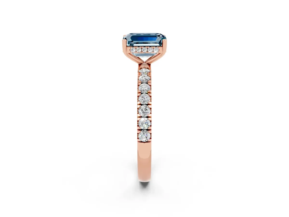 Emerald Cut Aquamarine Pave Band Solitaire Ring with Round and Prong Setting Rose gold