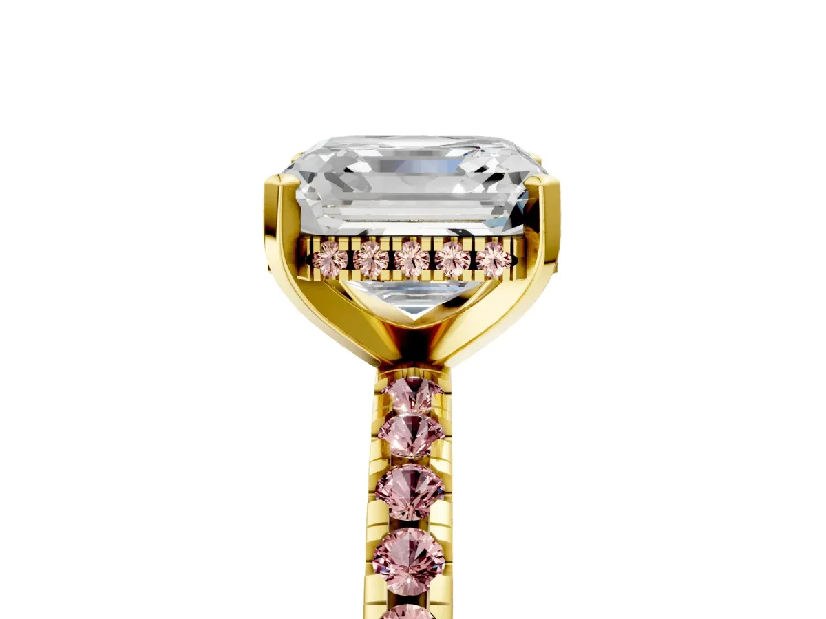 Asscher Cut Diamond Solitaire Ring with Round Morganite Pavé Band and Four-Prong Setting Yellow gold