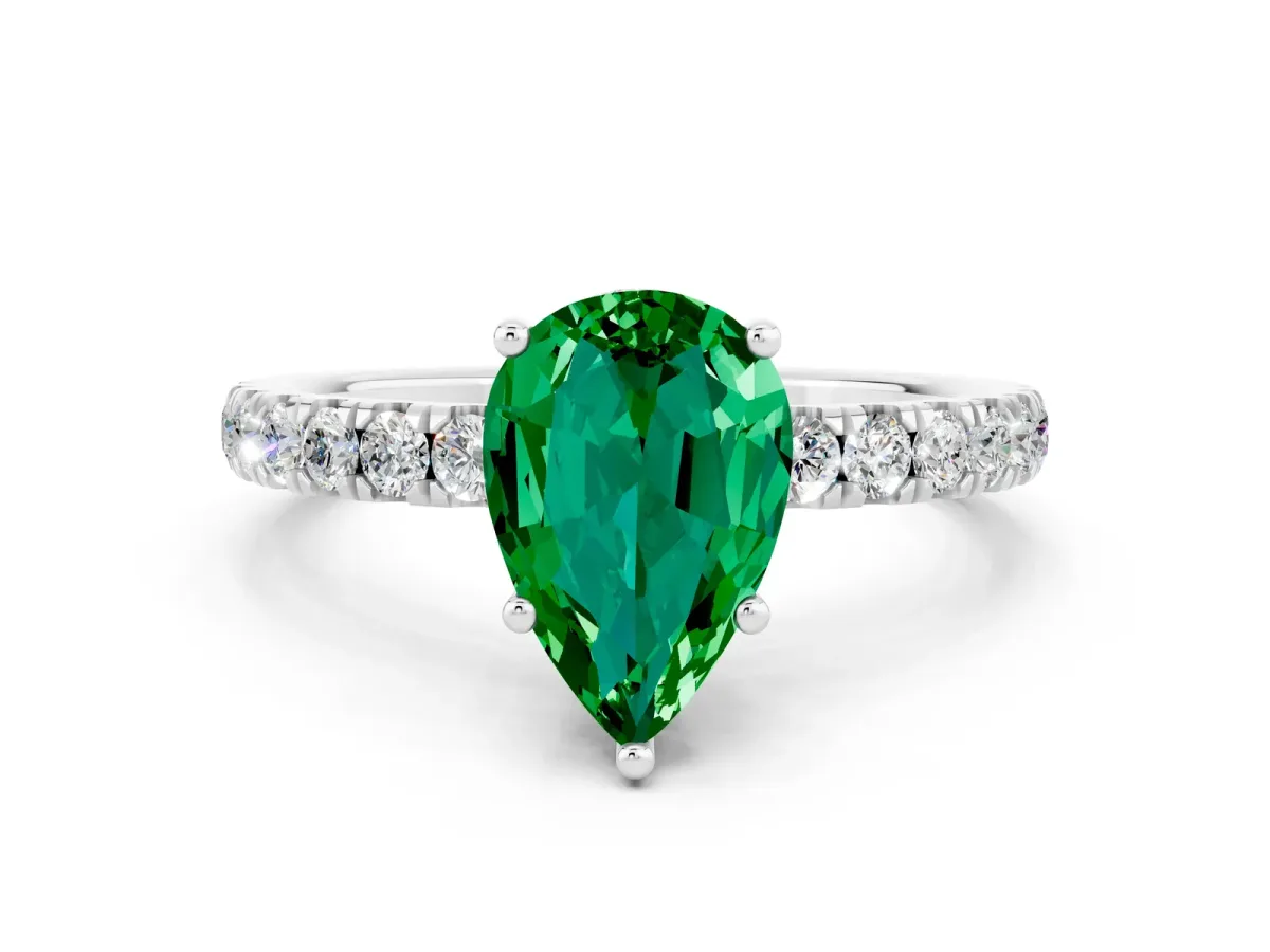 Pear Cut Emerald Pave Band Solitaire Ring with Round and Prong Setting Platinum