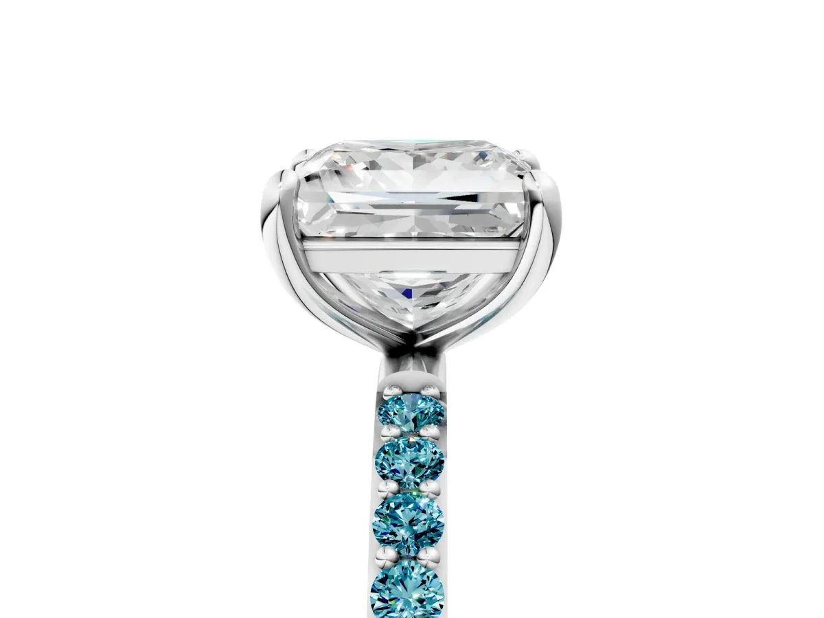 Princess Cut Diamond Solitaire Ring with Round Blue Topaz Pavé Band and Prong Setting Silver