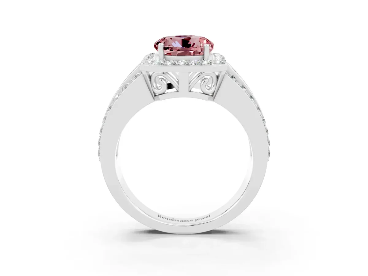 Round Cut Halo Morganite Ring with Round Split Shank and Prong Setting Silver