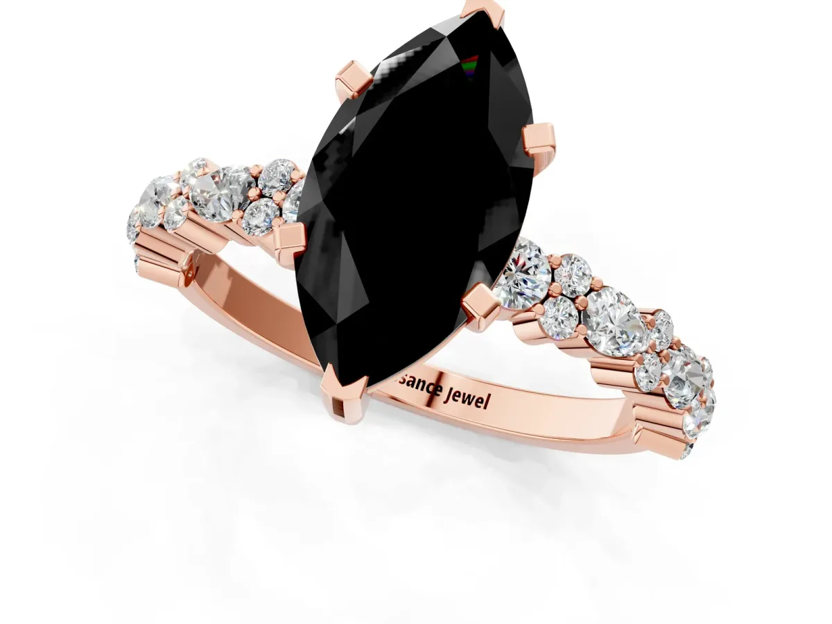 Fancy Black Marquise Cut Diamond Side Stone Solitaire Ring with Round and Four-Prong Setting Rose gold