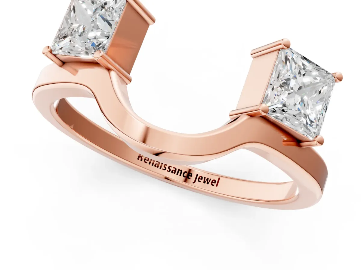 Princess Cut Diamond Two-Stone Open Band Ring with Four-Prong Setting Rose gold