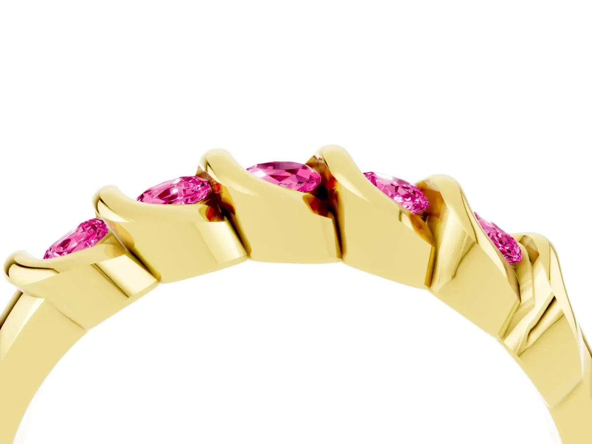 Round Pink Sapphire Eternity Band with Twist Prong Setting Yellow gold