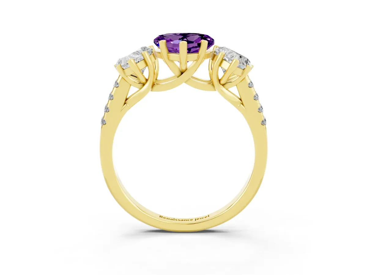 Three-Stone Heart Cut Amethyst Ring with Round Pavé Band and Prong Setting Yellow gold