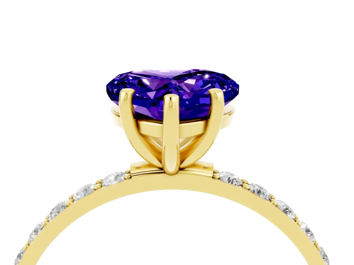 Heart Cut Tanzanite Solitaire Ring with Round Pavé Band and Prong Setting Yellow gold