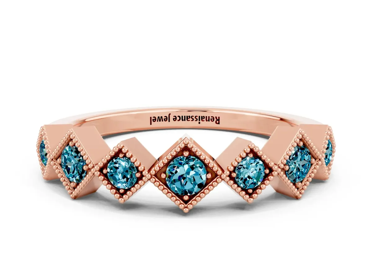 Milgrain Square Bezel Round Blue Topaz Chevron Band Rose gold