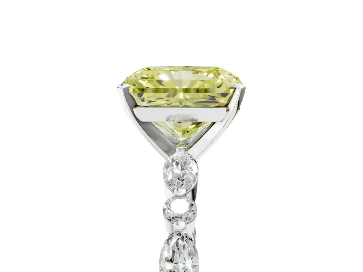 Fancy Yellow Radiant Cut Diamond Ring with Marquise and Round Side Stones and Four-Prong Setting Silver