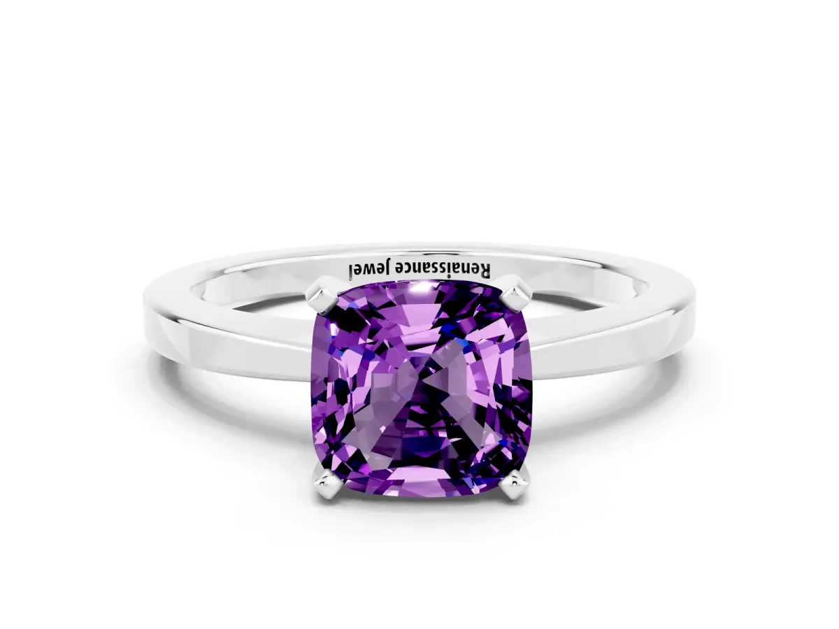Cushion Cut Amethyst Solitaire Engagement Ring with Classic Band and Four-Prong Setting White gold
