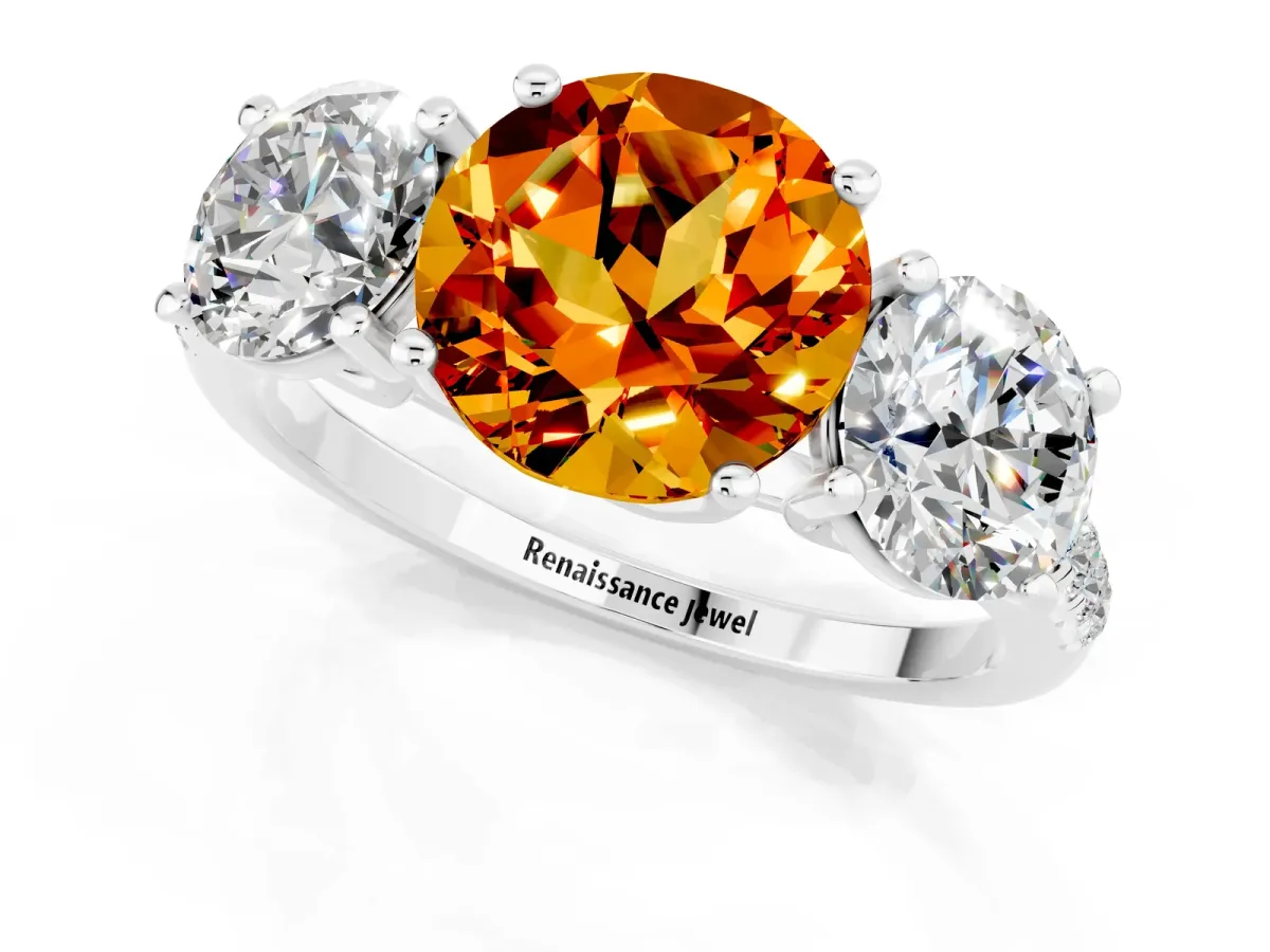 Three-Stone Round Cut Citrine Ring with Round Pavé Band and Prong Setting Silver