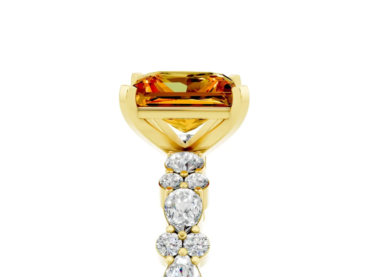 Princess Cut Citrine Side Stone Solitaire Ring with Round and Four-Prong Setting Yellow gold