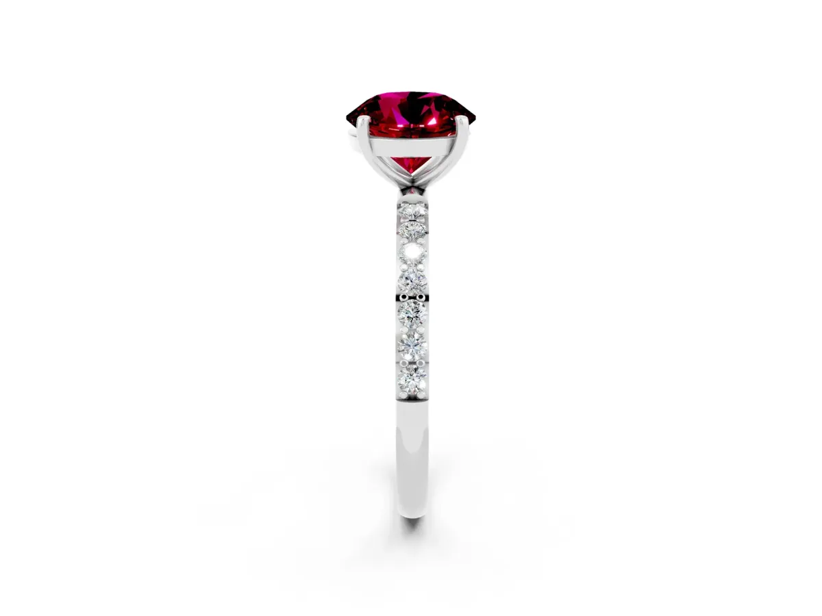Round Cut Garnet Solitaire Ring with Round Pavé Band and Prong Setting Platinum