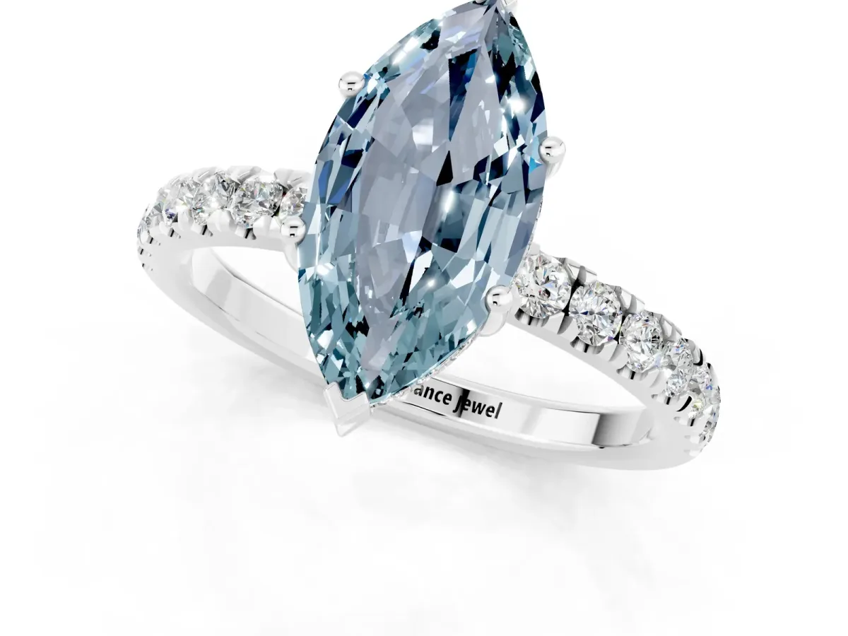Marquise Cut Aquamarine Pave Band Solitaire Ring with Round and Prong Setting Silver