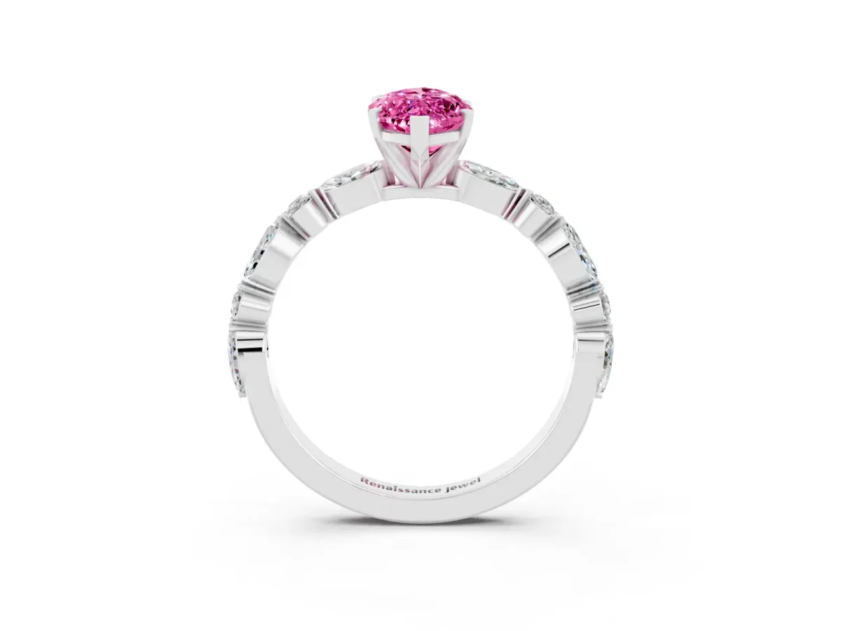 Marquise Cut Pink Sapphire Ring with Marquise and Round Side Stones and Four-Prong Setting Silver