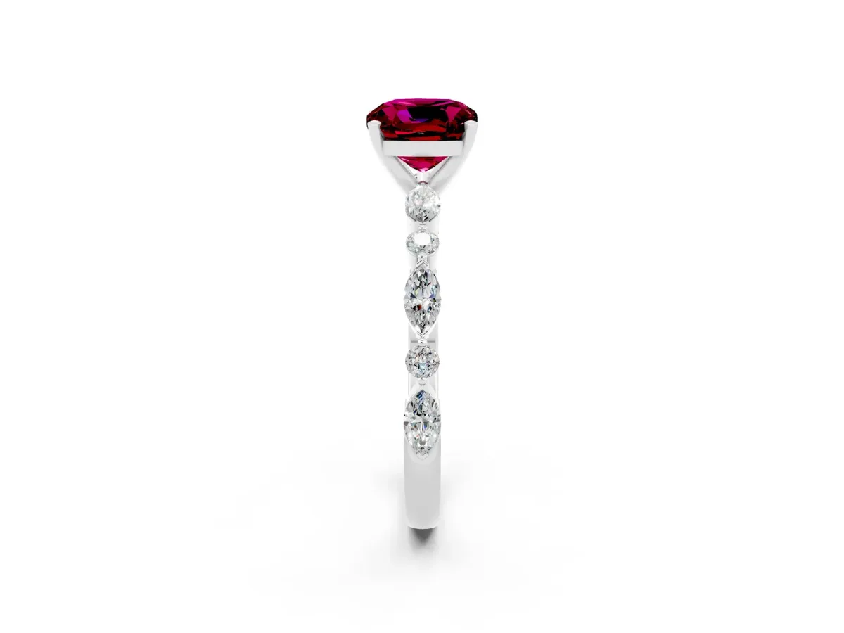 Cushion Cut Garnet Ring with Marquise and Round Side Stones and Four-Prong Setting Platinum