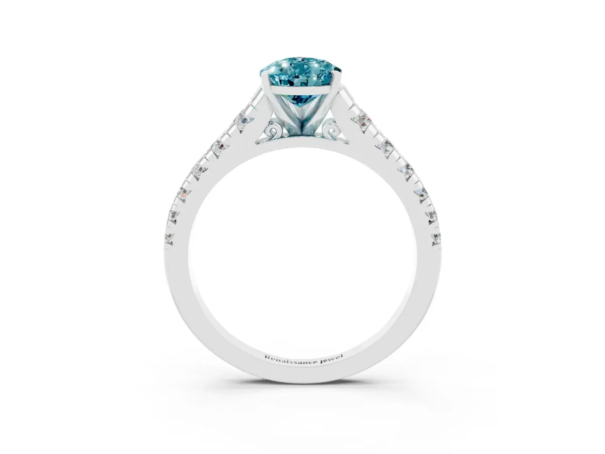Pear Cut Blue Topaz Cathedral Solitaire Ring with Round Pavé Band Platinum