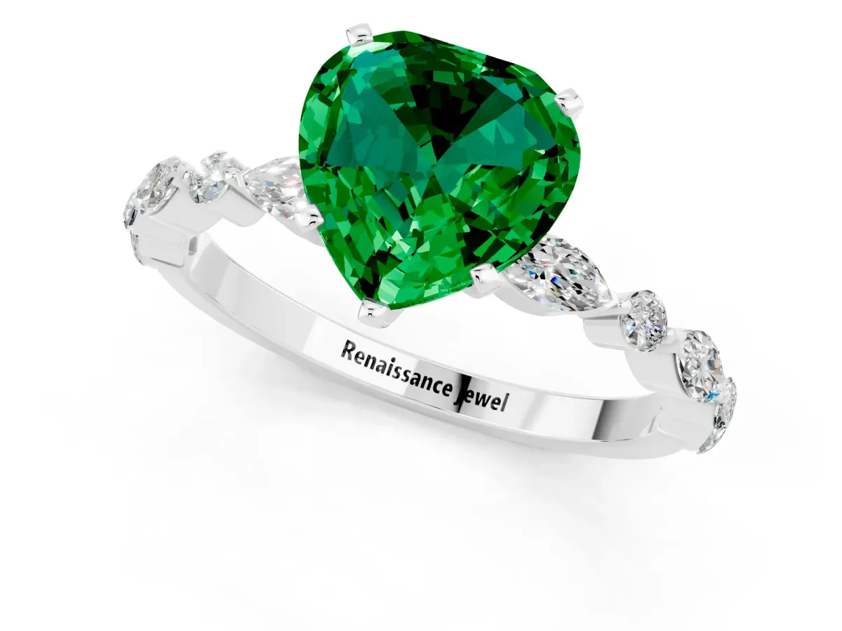 Heart Cut Emerald Ring with Marquise and Round Side Stones and Four-Prong Setting Platinum