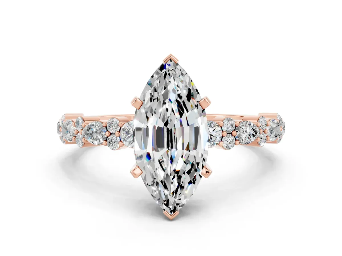 Marquise Cut Moissanite Side Stone Solitaire Ring with Round and Four-Prong Setting Rose gold