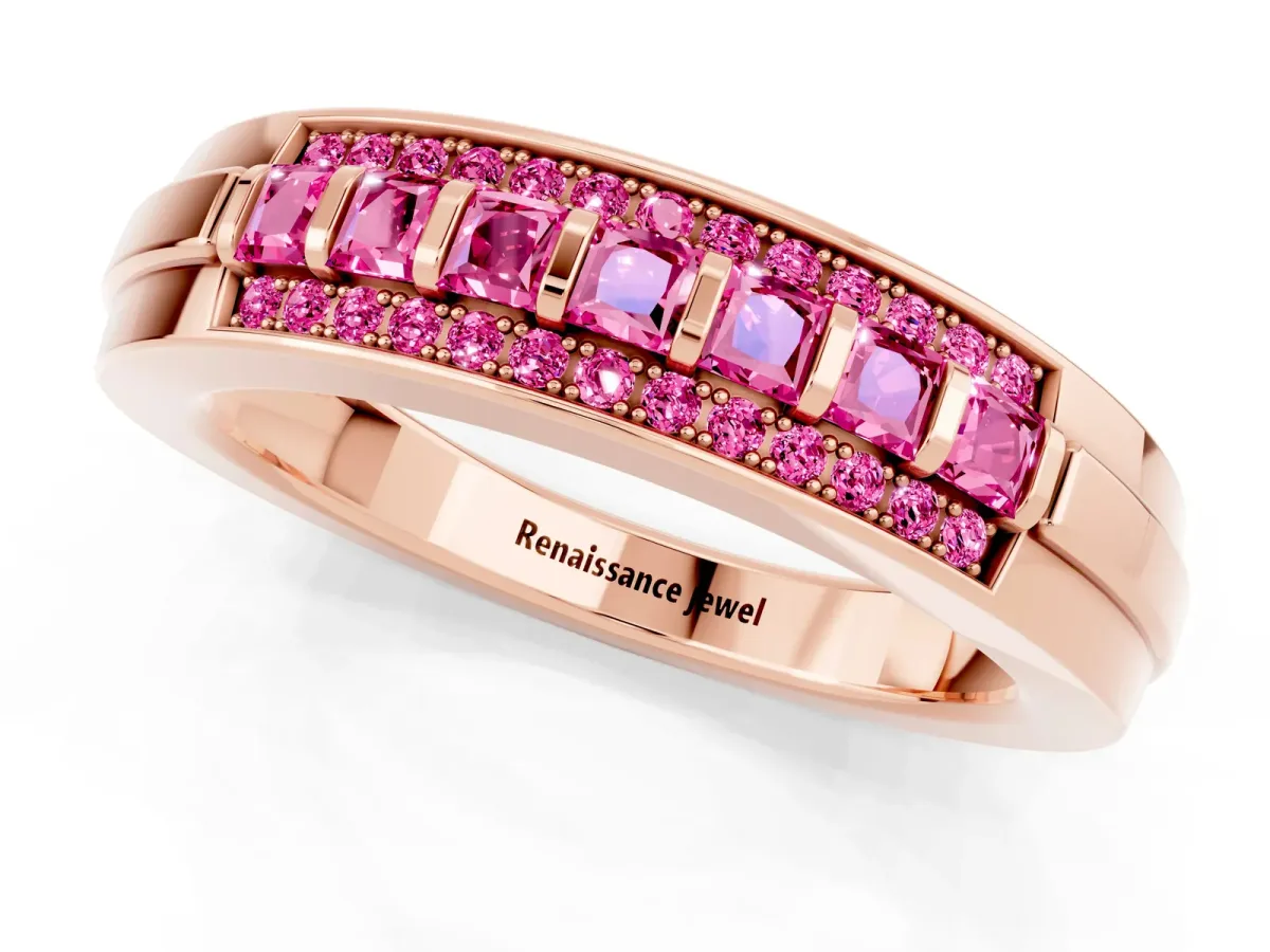 Bar-Set Princess Cut Pink Sapphire Pavé Band Rose gold