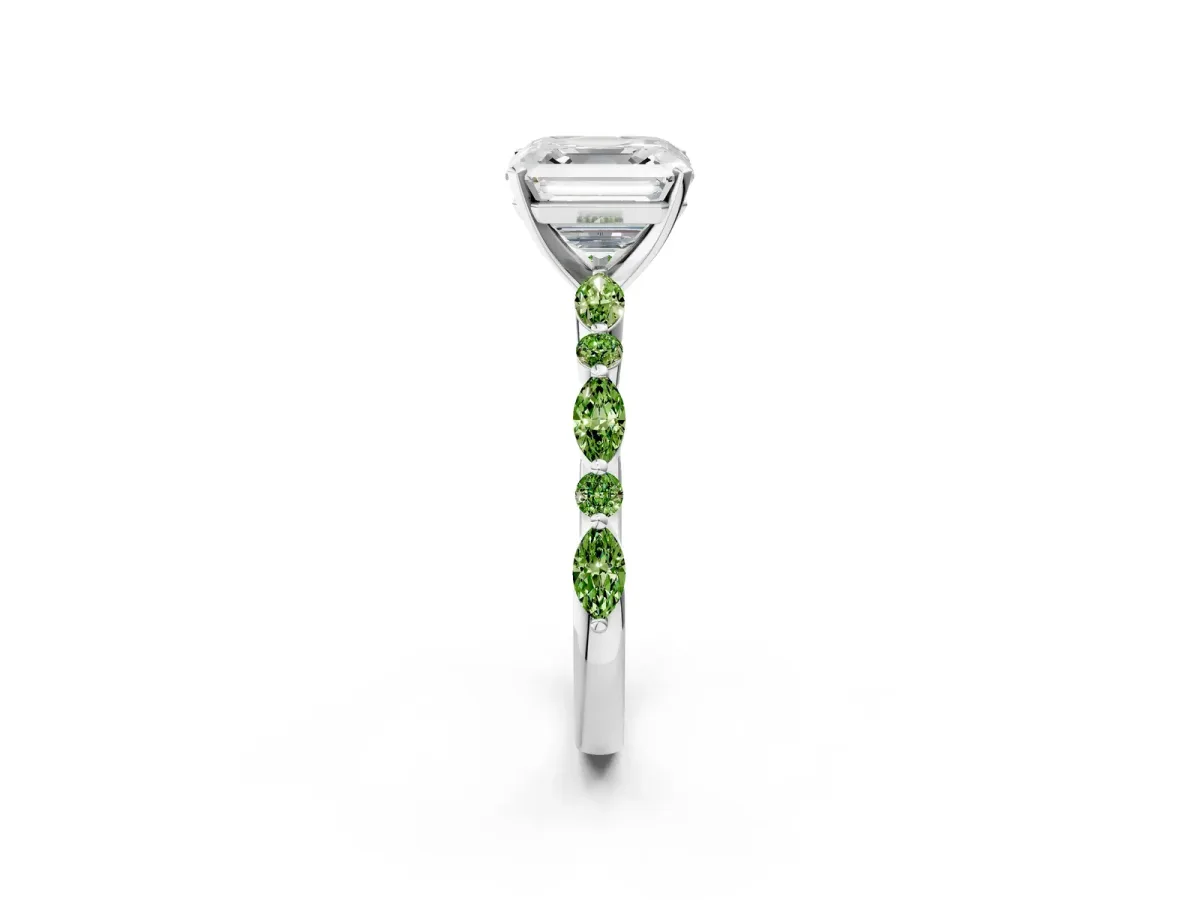 Asscher Cut Diamond Ring with Marquise and Round Peridot Side Stones and Four-Prong Setting Platinum