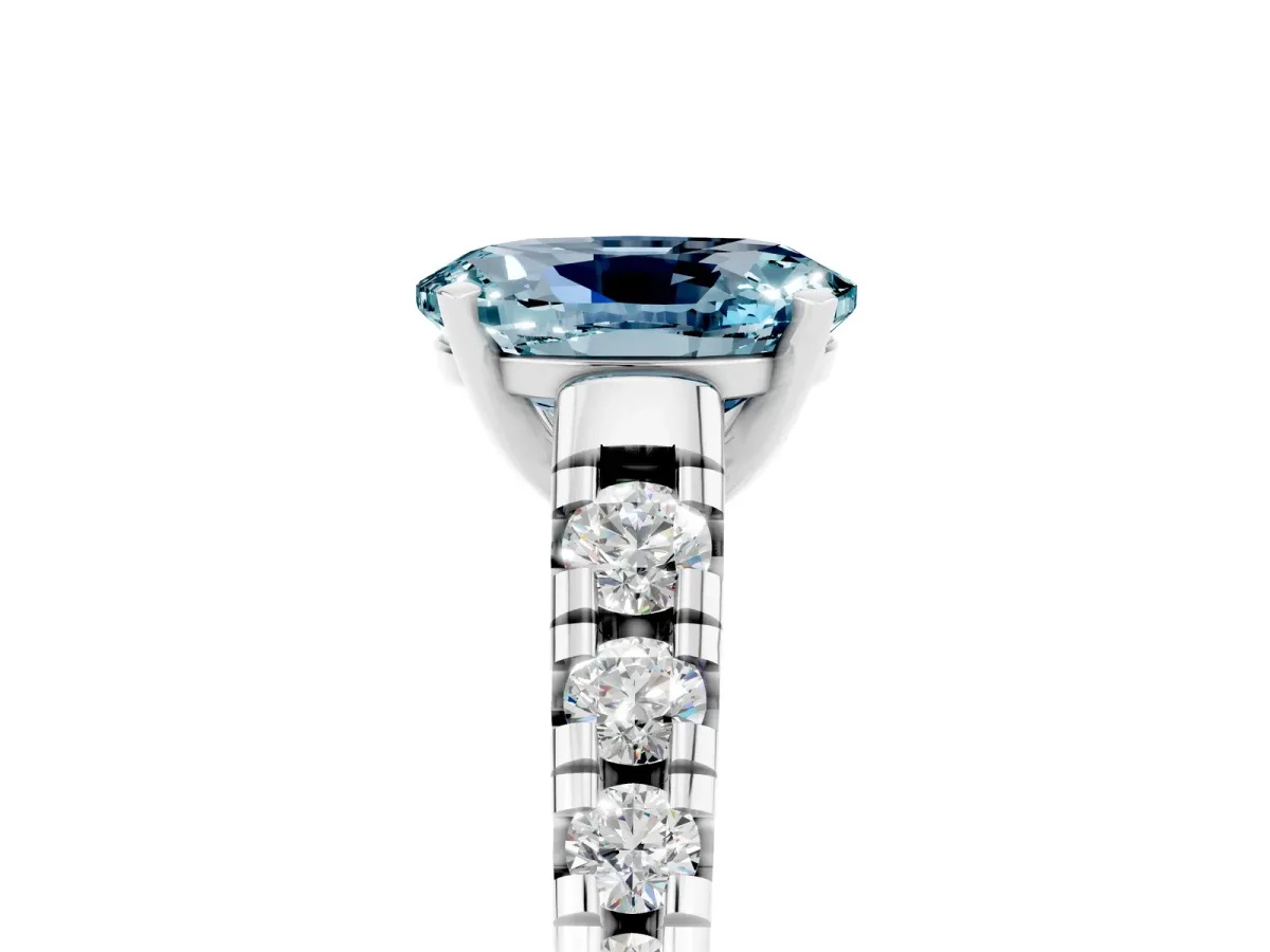 Oval Cut Aquamarine Cathedral Solitaire Ring with Round Pavé Band White gold