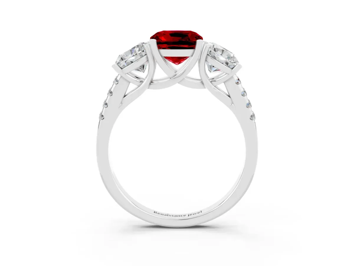 Three-Stone Cushion Cut Ruby Ring with Round Pavé Band and Prong Setting White gold