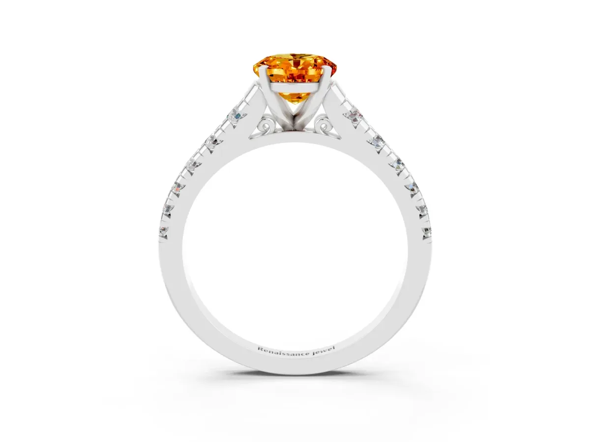 Oval Cut Citrine Cathedral Solitaire Ring with Round Pavé Band White gold