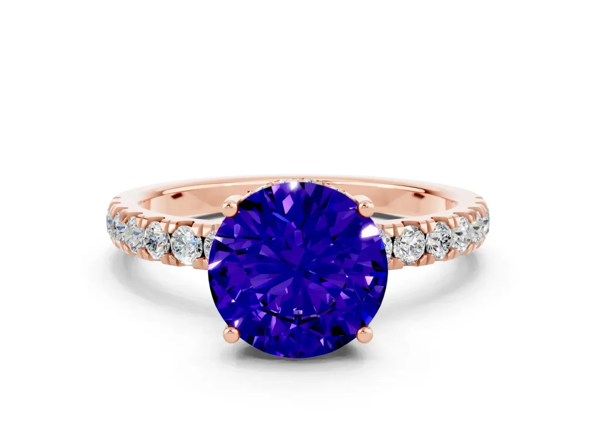 Round Cut Tanzanite Pave Band Solitaire Ring with Round and Prong Setting Rose gold