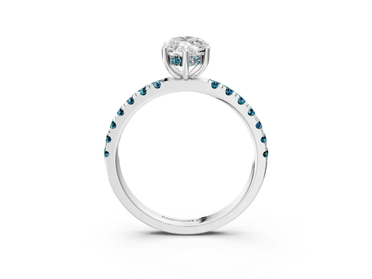 Marquise Cut Diamond Pave Band Solitaire Ring with Round Blue Topaz and Prong Setting Platinum