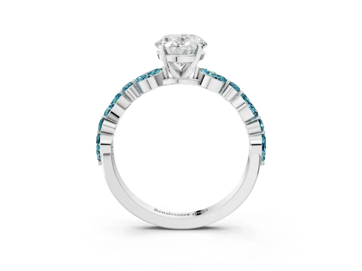 Oval Cut Diamond Ring with Marquise and Round Blue Topaz Side Stones and Four-Prong Setting Silver