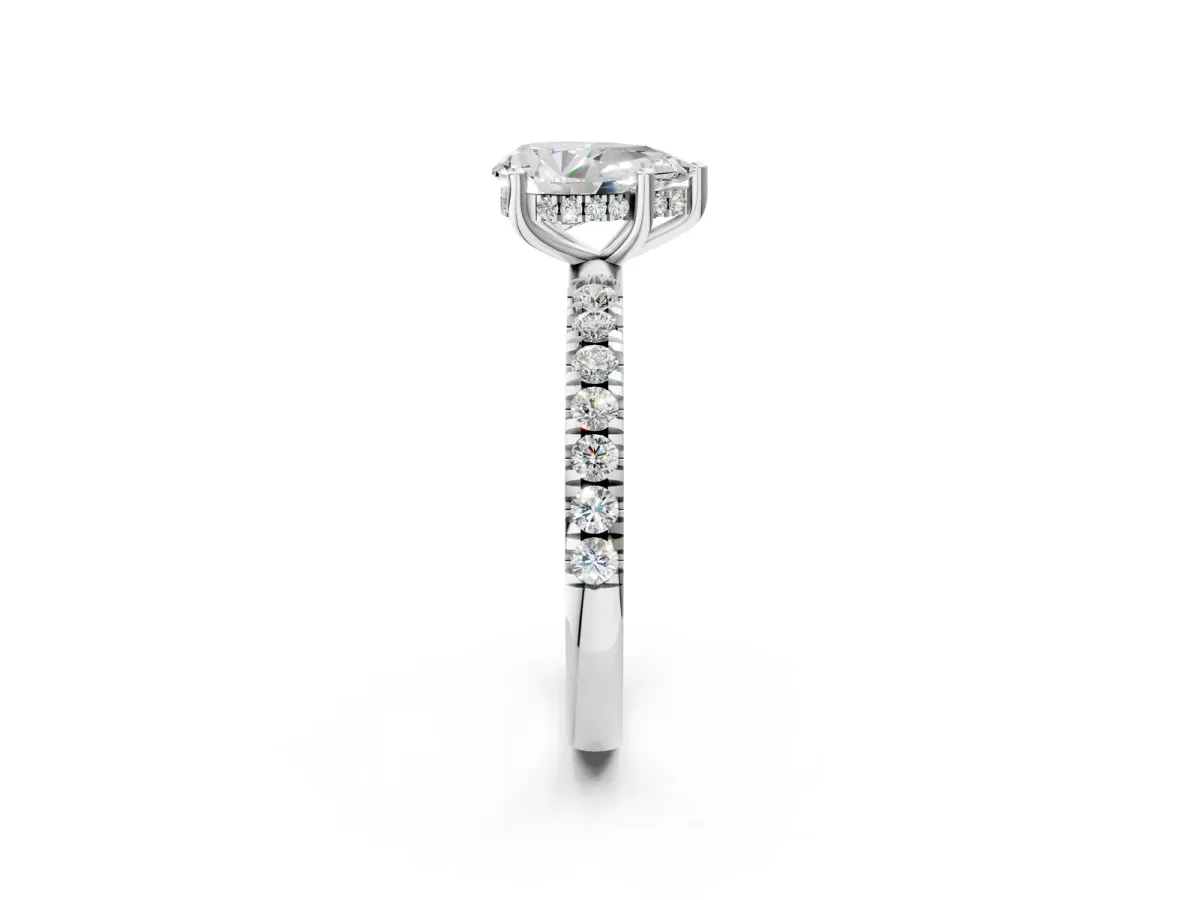 Pear Cut Diamond Pave Band Solitaire Ring with Round and Prong Setting White gold