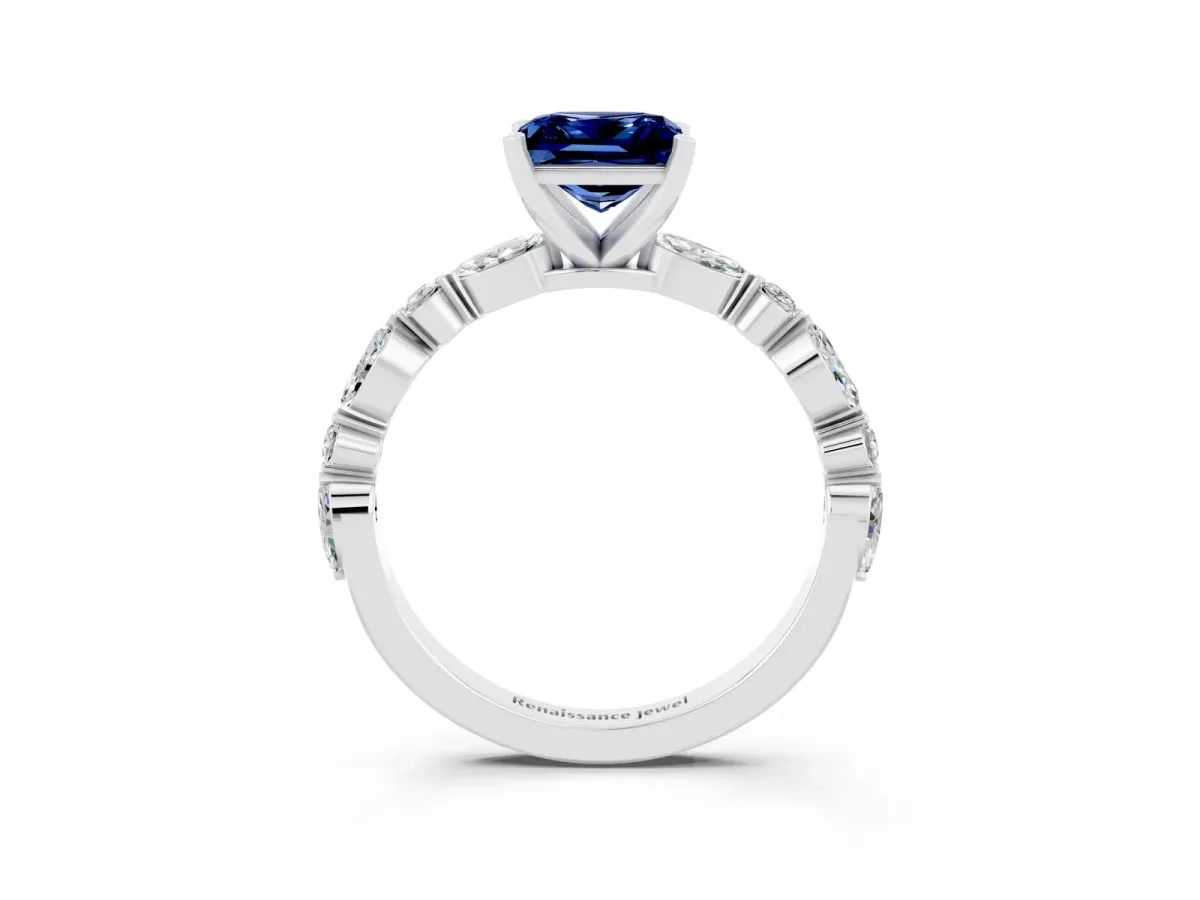Princess Cut Blue Sapphire Ring with Marquise and Round Side Stones and Four-Prong Setting Silver