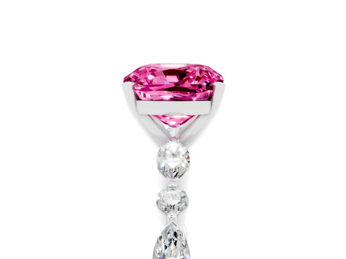 Cushion Cut Pink Sapphire Ring with Marquise and Round Side Stones and Four-Prong Setting Silver