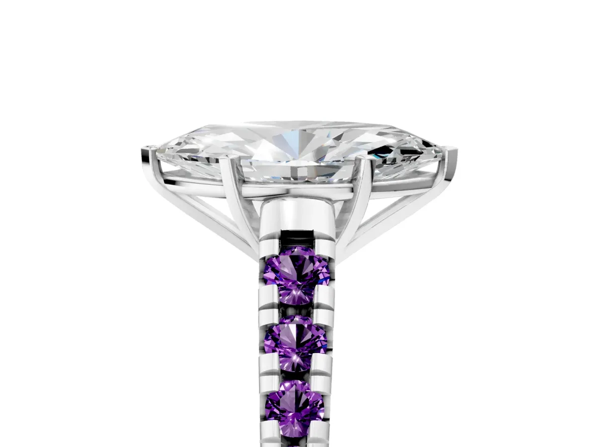 Marquise Cut Diamond Cathedral Solitaire Ring with Round Amethyst Pavé Band White gold