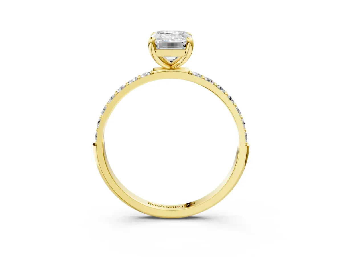 Emerald Cut Diamond Solitaire Ring with Round Pavé Band and Prong Setting Yellow gold