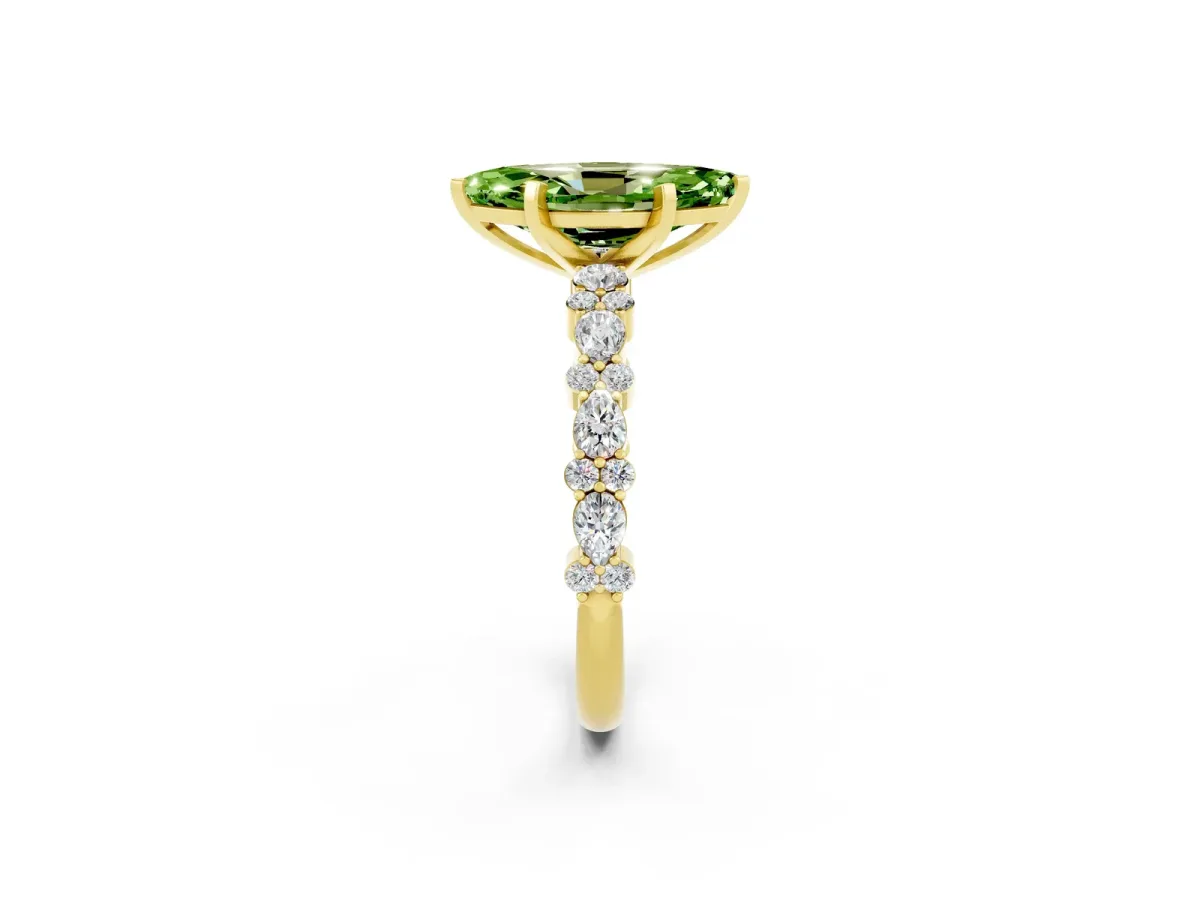 Marquise Cut Peridot Side Stone Solitaire Ring with Round and Four-Prong Setting Yellow gold