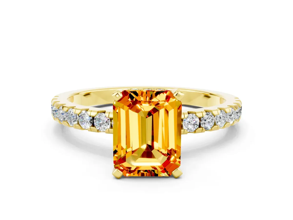 Emerald Cut Citrine Solitaire Ring with Round Pavé Band and Four-Prong Setting Yellow gold