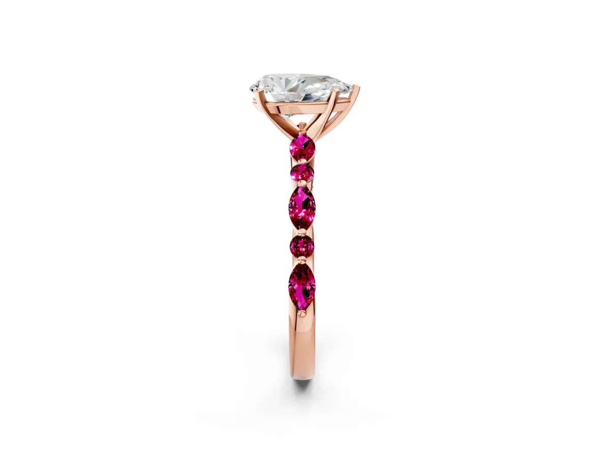 Pear Cut Diamond Ring with Marquise and Round Garnet Side Stones and Four-Prong Setting Rose gold