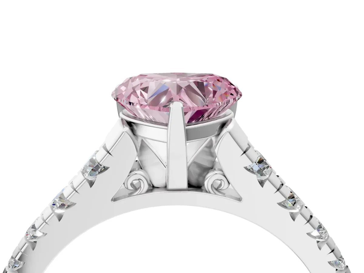 Fancy Pink Heart Cut Diamond Cathedral Solitaire Ring with Round Pavé Band Silver