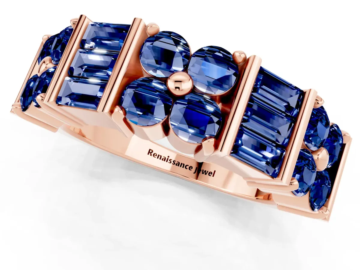 Channel Set Round and Baguette Blue Sapphire Anniversary Band with Prong Setting Rose gold