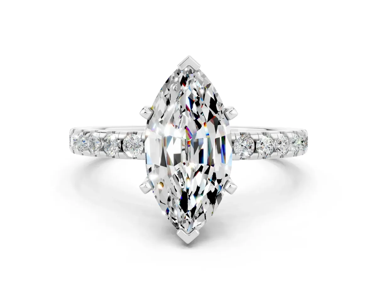 Marquise Cut Moissanite Solitaire Ring with Round Pavé Band and Four-Prong Setting Silver